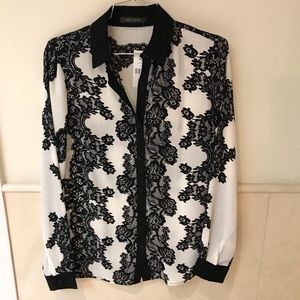 B&W LACE DETAIL PRINT CHIFFON BLOUSE